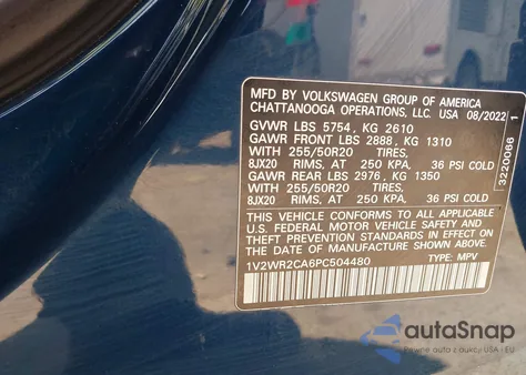 2023 Volkswagen Atlas 3.6L V6 Se W/Technology z USA, uszkodzony, nr VIN 1V2WR2CA6PC504480